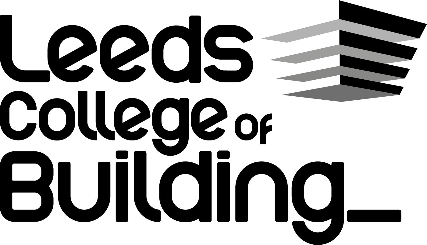 Leeds College of Building logo, text with a 3d building shape  